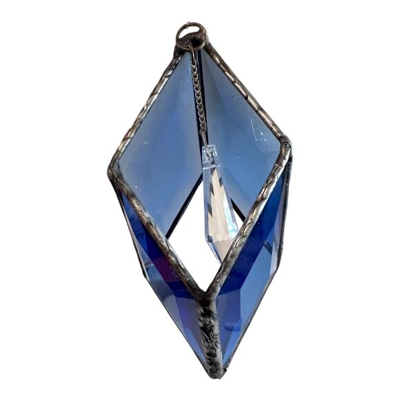 Stained Glass Blue Diamond Hang Ornament Spinner Crystal Prism Garden Suncatcher - Picture 1 of 8